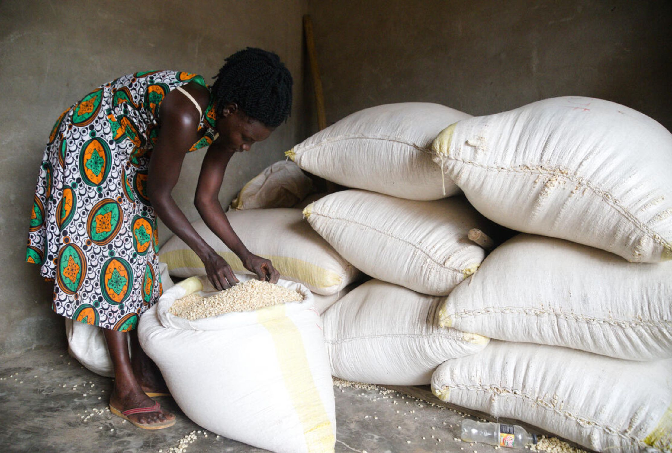 South Sudanese refugee woman is picking out maize from a large sack she sells to make an income